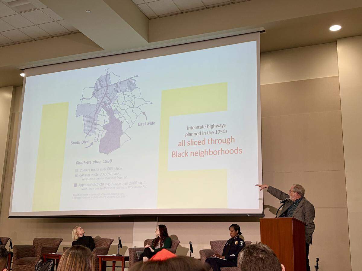 Historian Tom Hanchett gives a presentation on the history of McCrorey Heights, Oaklawn Park and Charlotte’s highway system. The presentation was held during a town hall meeting discussing North Carolina Department of Transportation’s I-77 South Express Lanes project.