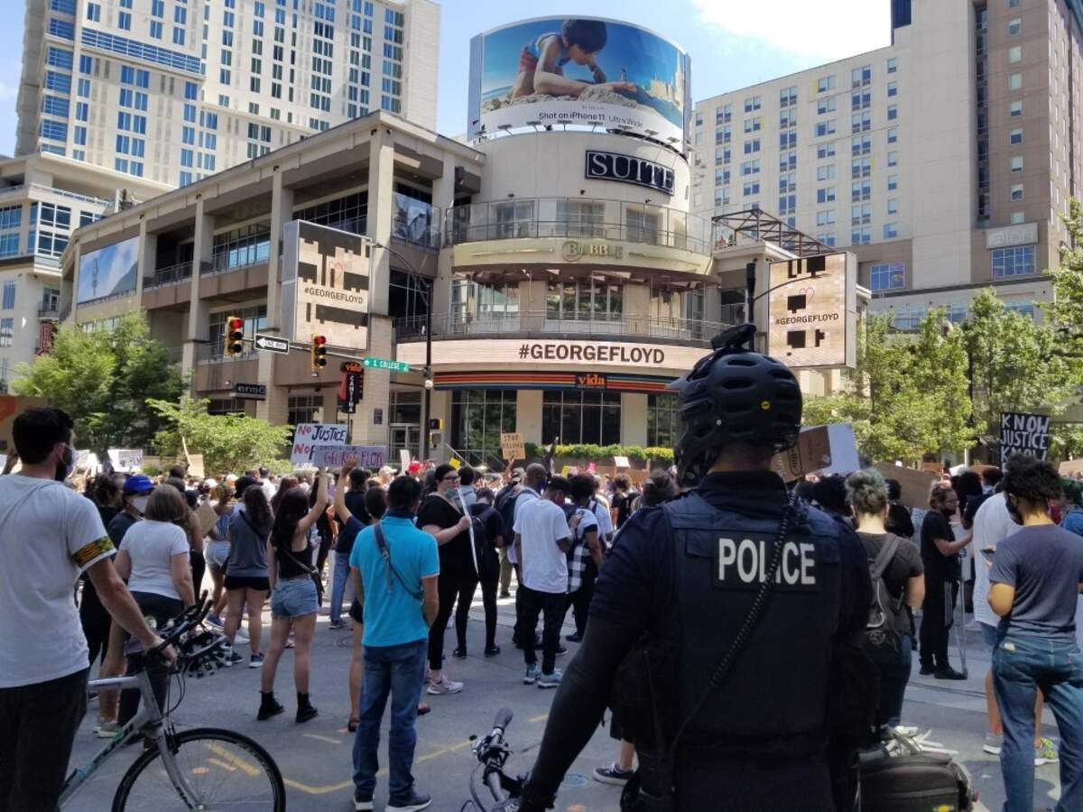 A peaceful protest in Charlotte on Sunday that began in Romare Bearden Park made its way to the Epicentre. People were protesting the police killing of George Floyd in Minnesota last week.
