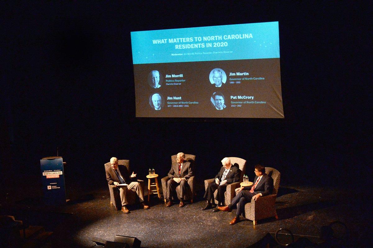 Former North Carolina Governors Jim Martin, Jim Hunt and Pat McCrory take part in a panel discussion as part of the North Carolina Priorities project. The discussion, at ImaginOn in Charlotte, happened on Wednesday, Jan. 29, 2020. A team of visual journalists visited all 100 counties in the state to talk with residents and tell the story of each county. The project is called Journey Across The 100.