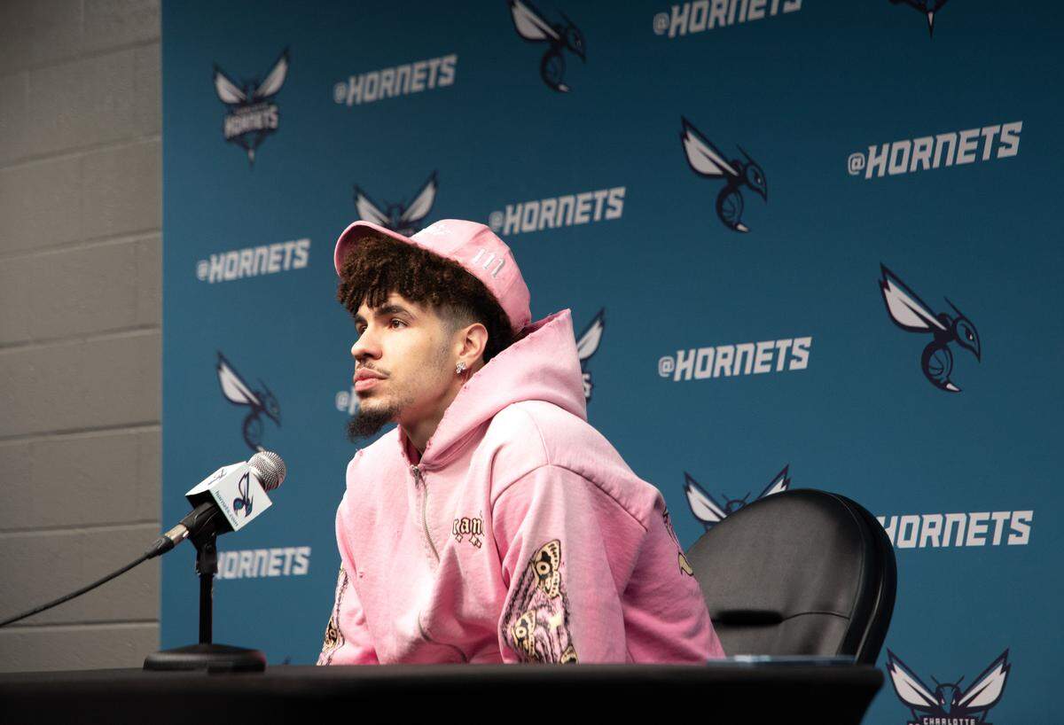 Charlotte Hornets guard LaMelo Ball speaks to reporters at his end-of-season press conference on April 14, 2025. The Hornets finished 19-63 and missed the NBA playoffs for a ninth consecutive season.
