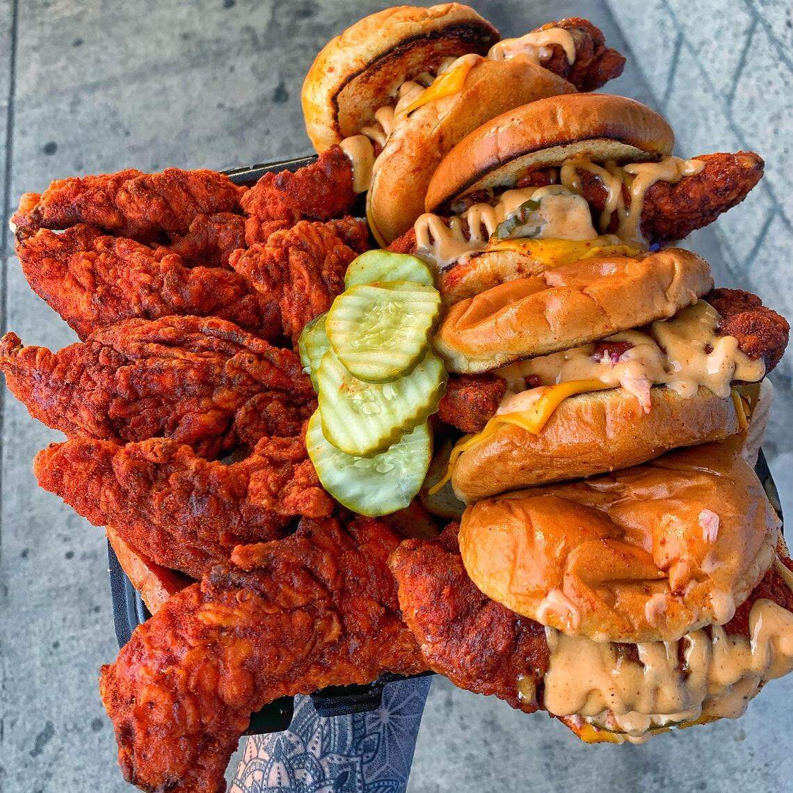 Dave’s Hot Chicken specializes in hot chicken tenders and sliders, with seven spice levels from “no spice” to “reaper.”