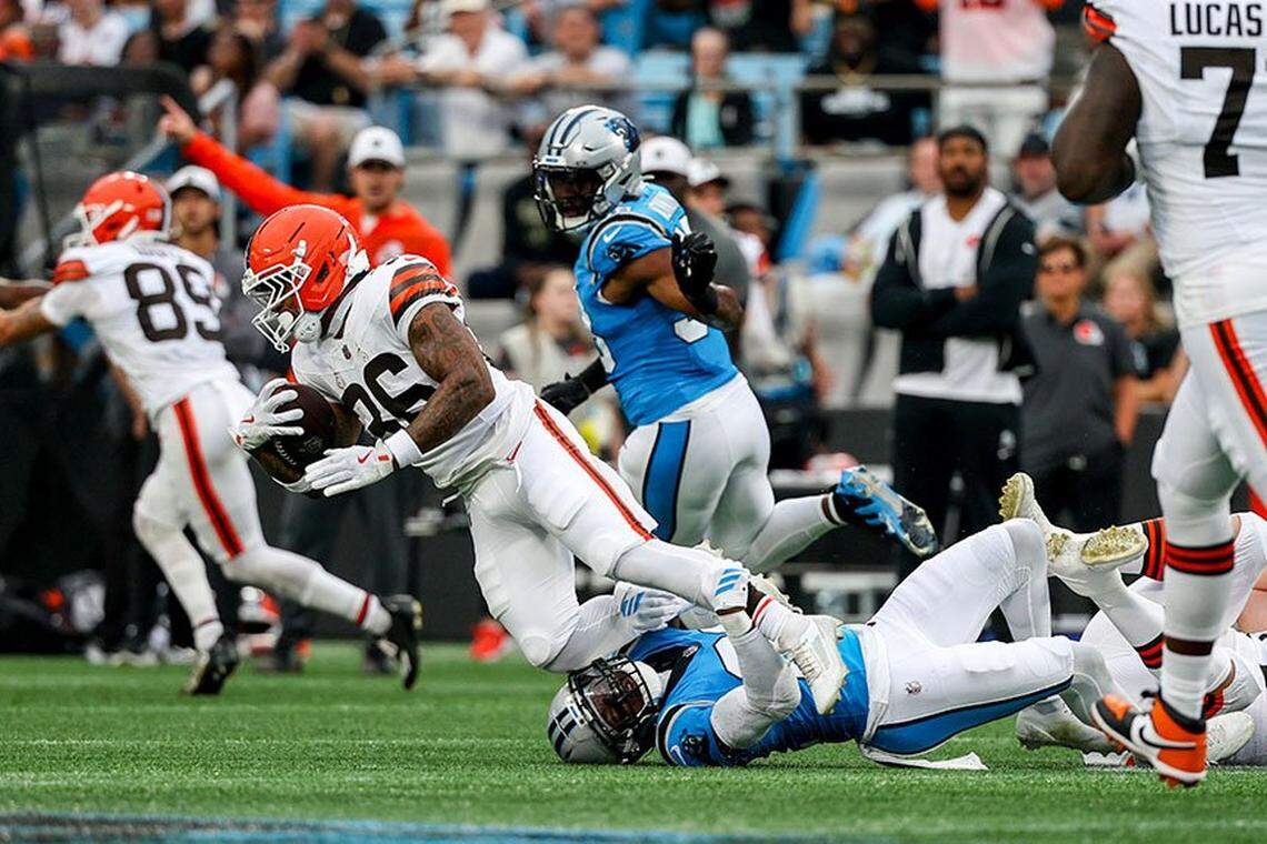 Carolina Panthers safety Nick Scott tackle Cleveland Browns running back Trayveon Williams during Friday’s preseason game against the Cleveland Browns at Bank of America Stadium.