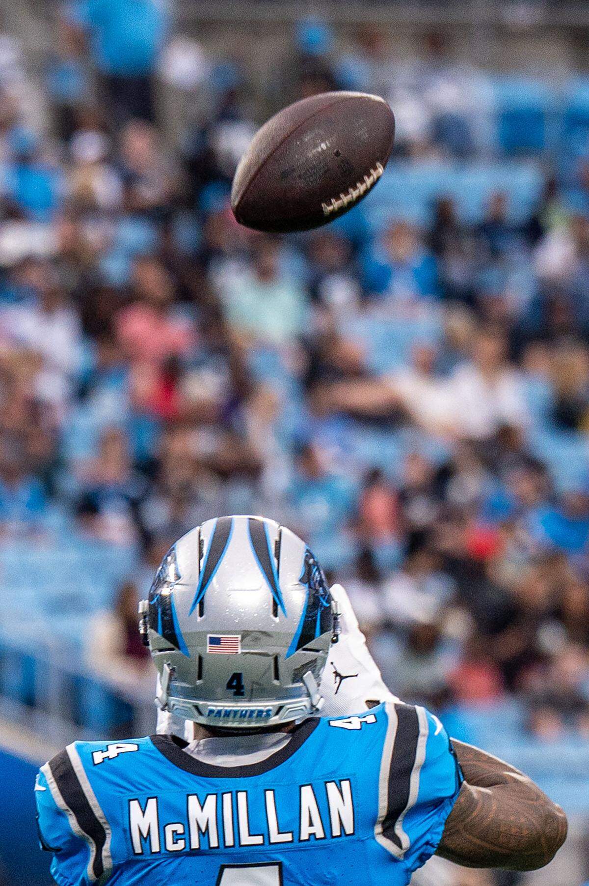 Carolina Panthers wide receiver Tetairoa McMillan catches a football during the Carolina Panthers' fan fest open practice at the Bank of America Stadium in Charlotte, NC, Saturday August 2, 2025.