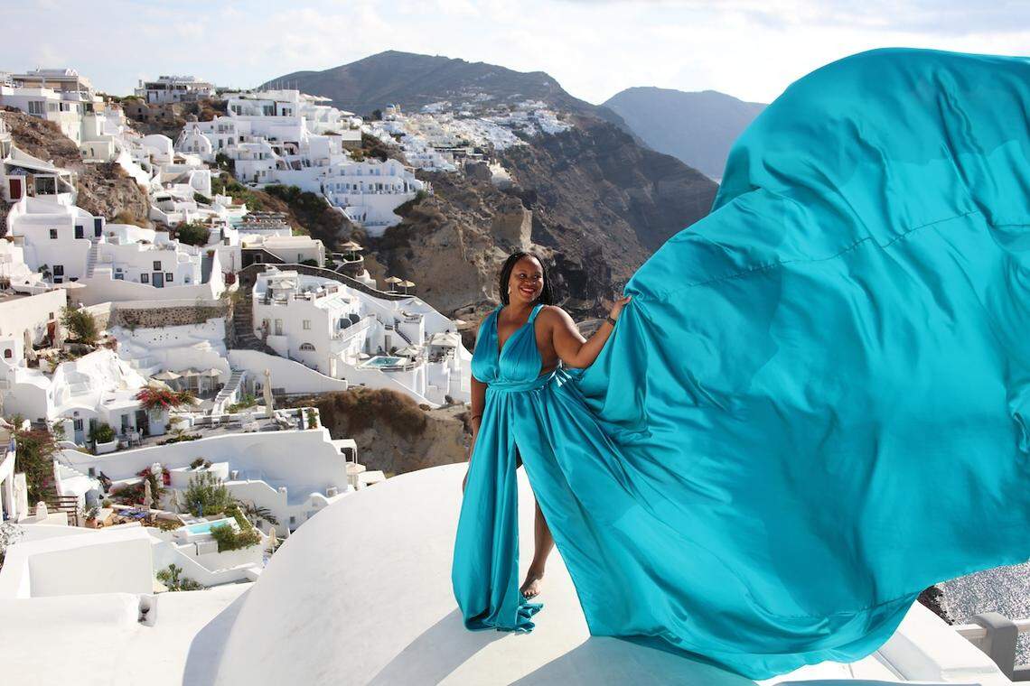 DeAnna Taylor experiences a “Flying Dress” photo shoot in Santorini, Greece.