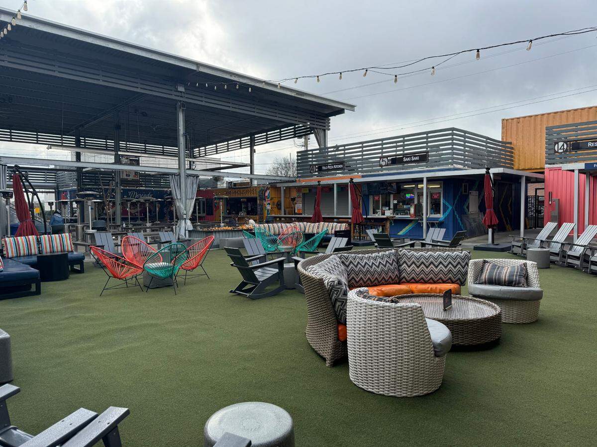 The outdoor lounging space at Gather GVL.
