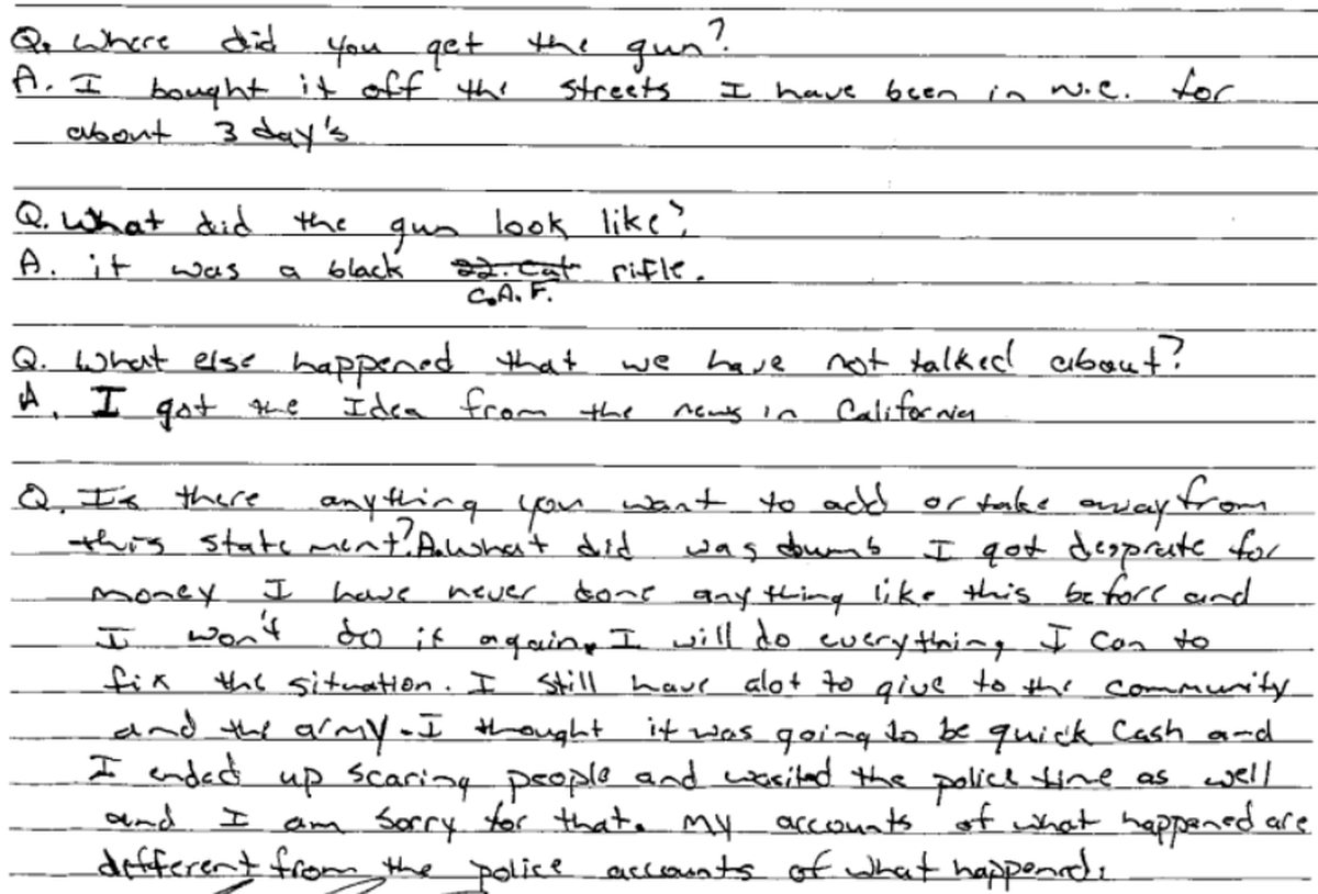 Photo of a Belmont Police Department officer’s notes as he interviewed Jeffrey Manchester in the McDonald’s robbery on Saturday, May 20, 2000.