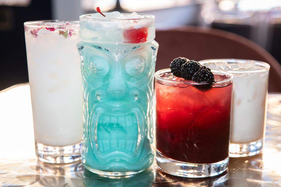 Belmont Cocktail Club new cocktails from left to right: Rose Gin Fizz, Blue Hawaiian, Blushing Belmont, Vanilla Caramel White Russian.