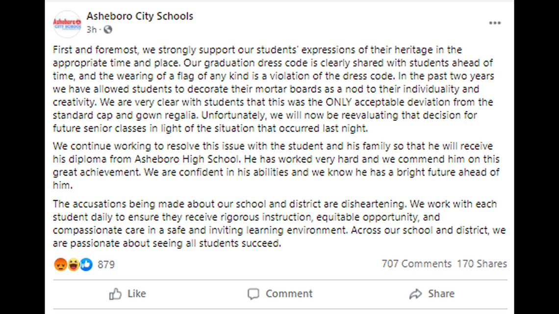 The statement posted by the Ashboro City Schools. 