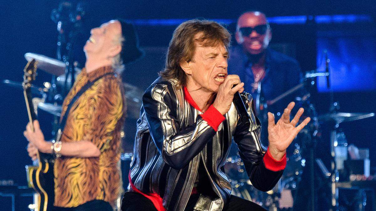 Ronnie Wood, from left, Keith Richards and Mick Jagger of the Rolling Stones perform, with Steve Jordan on drums, during the “No Filter” tour at The Dome at America’s Center, Sunday, Sept. 26, 2021, in St. Louis. 