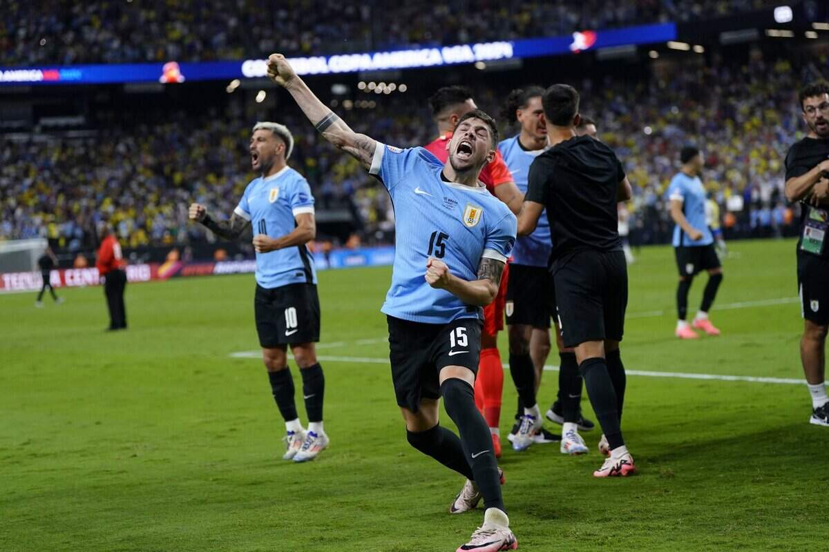 Uruguay midfielder Federico Valverde (15) celebrates after defeating Brazil in a penalty shootout at Allegiant Stadium in Las Vegas, Nevada, on Jul 6, 2024. (Lucas Peltier/USA TODAY Sports)