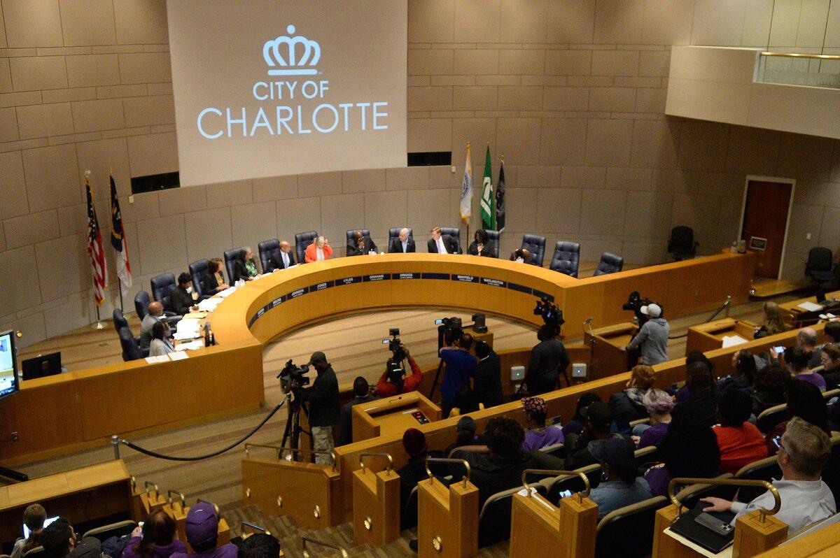 The Charlotte City Council meets in the government center in uptown on May 27.