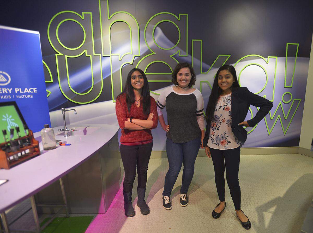 Saanchi Sampath, Genevieve “Vievie” Romanelli and Aakriti Lakshmanan (left to right) met for the first time at Discovery Place in uptown Charlotte, where Lakshmanan was a STEM intern.