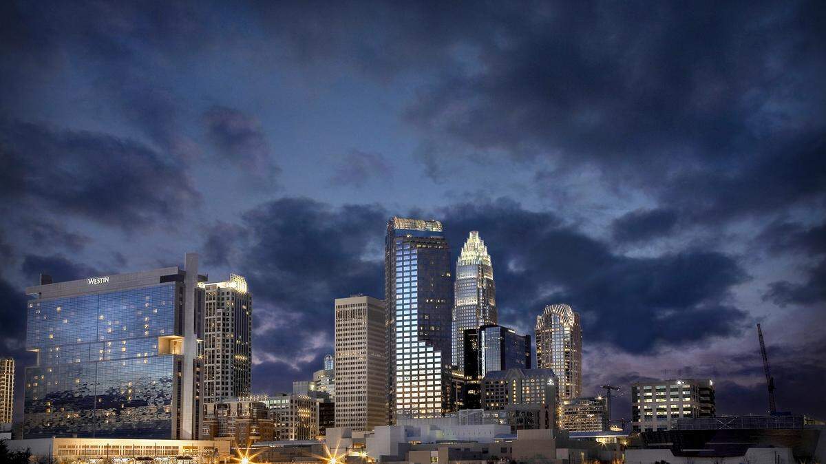 The uptown Charlotte skyline at dusk.