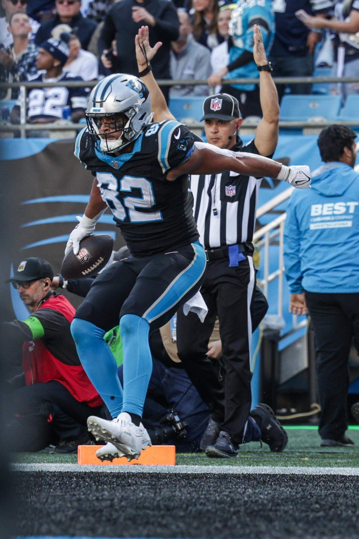 Panthers tight end Tommy Tremble (82) celebrates after scoring a touchdown during the game against the Cowboys at Bank of America Stadium on Sunday, November 19, 2023 in Charlote, NC.