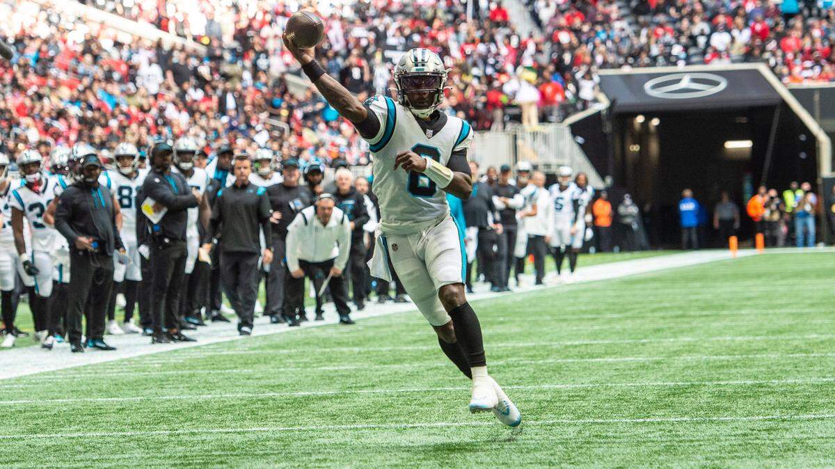 Carolina Panthers quarterback PJ Walker throws a pass against the Falcons at Mercedes-Benz Stadium on Sunday in Atlanta. Walker is on track to start this week should Sam Darnold not play. Darnold is still recovering from a concussion.