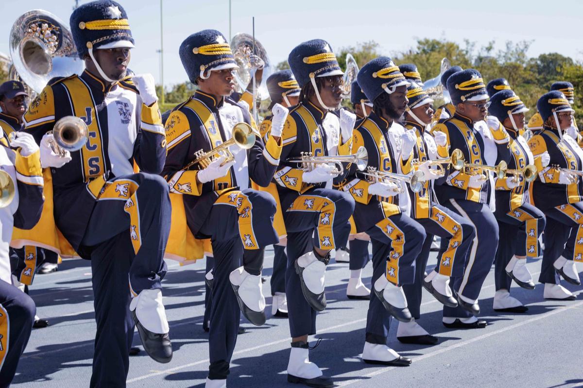 Johnson C Smith University Marching Band perform during homecoming football game. The Bulls go to 7-0 as they defeat Shaw University 21-14 Saturday October 19, 2024.