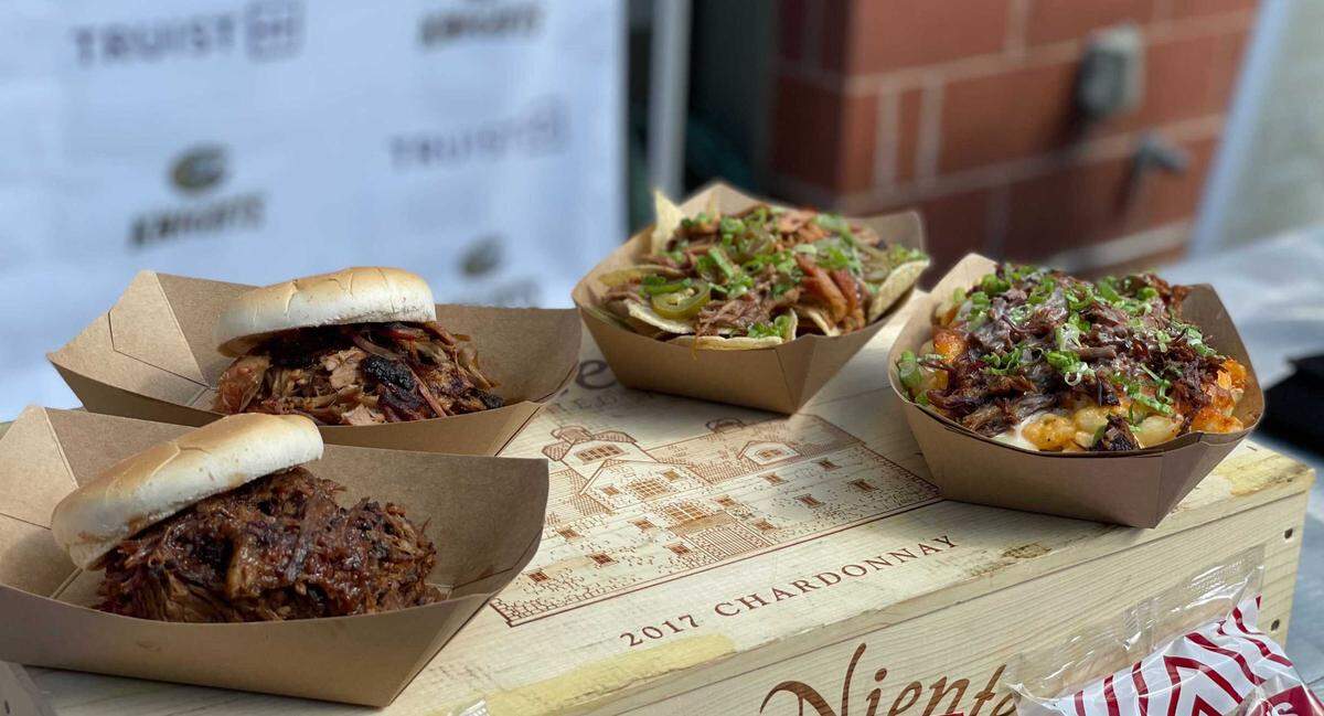 Pork and brisket sandwiches from Mac’s Speed Shop, along with mac and cheese bowls topped with the same barbecue options.