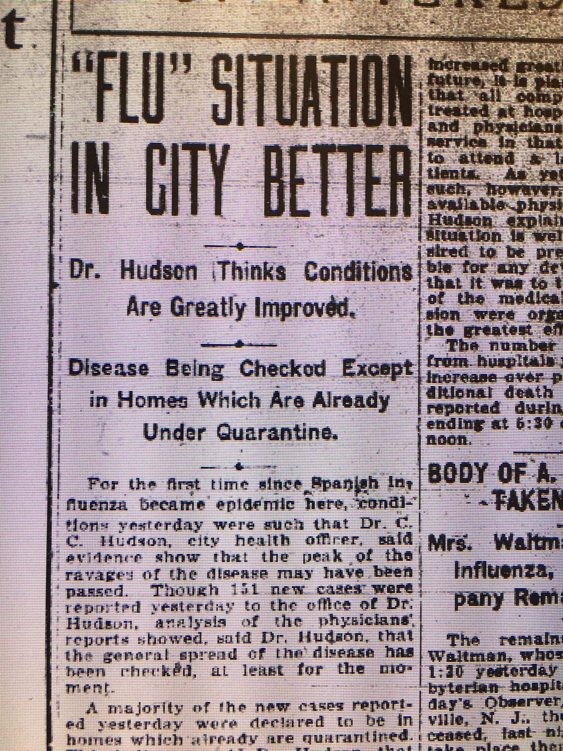 Optimistic headlines appeared in Charlotte newspapers despite the rising toll of influenza in the autumn of 1918.