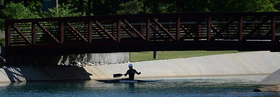 Evy Leibfarth photographed warming up for a practice at the U.S. National Whitewater Center last week.