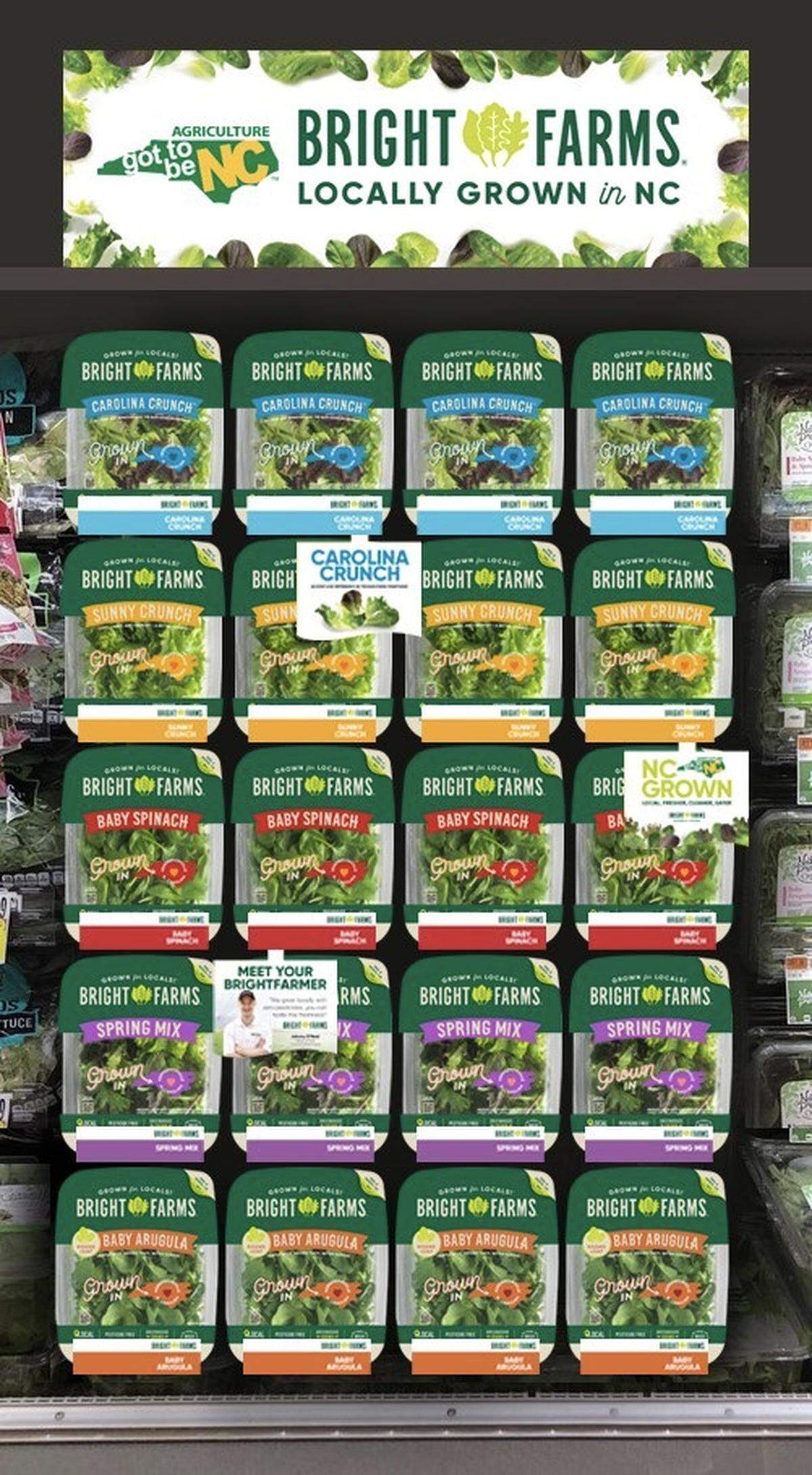 BrightFarms’ Carolina-grown lettuces like its crunch romaine and iceberg, spring mix, and harvest crunch with reds, spinach and arugula are expected to be in stores soon.