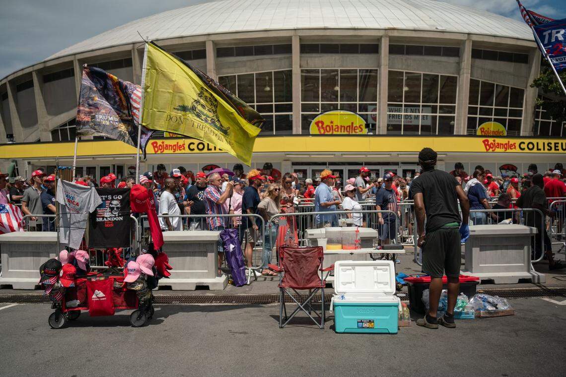 Supporters of former President Donald Trump wait to get inside the Bojangles Coliseum in Charlotte for the rally on Wednesday, July 24, 2024.