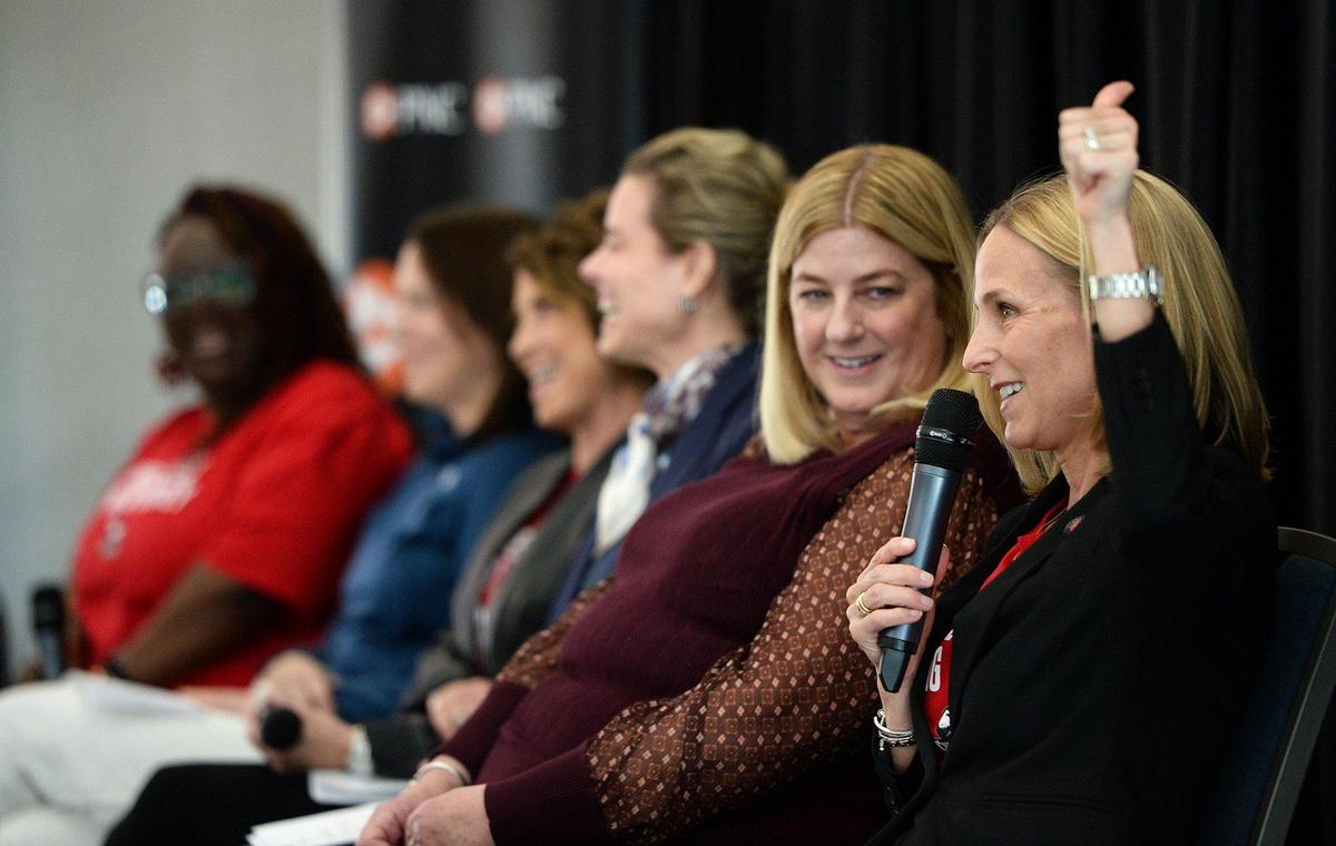Along with several other female business leaders from across Charlotte, Tera Black (on right), Charlotte Checkers COO, took part in a panel discussion marking International Women’s Day at Bojangles Coliseum on Saturday, Mar. 8, 2025.