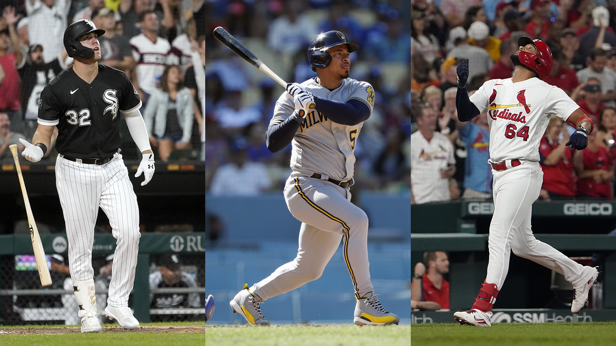 Chicago White Sox outfielder Gavin Sheets, left, Milwaukee Brewers infielder Eduardo Escobar, center, and St. Louis Cardinals utility player Jose Rondon are all former Charlotte Knights who will be part of the 2021 MLB playoffs.
