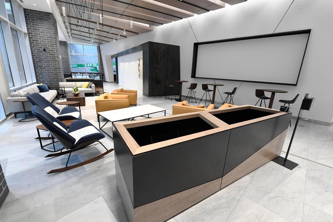 Inside the lobby of the west office tower at The Spectrum Companies’ mixed-use Vantage South End project. When LendingTree workers return to the office after COVID-19, they will take space in one of the 11-story towers Spectrum is building.