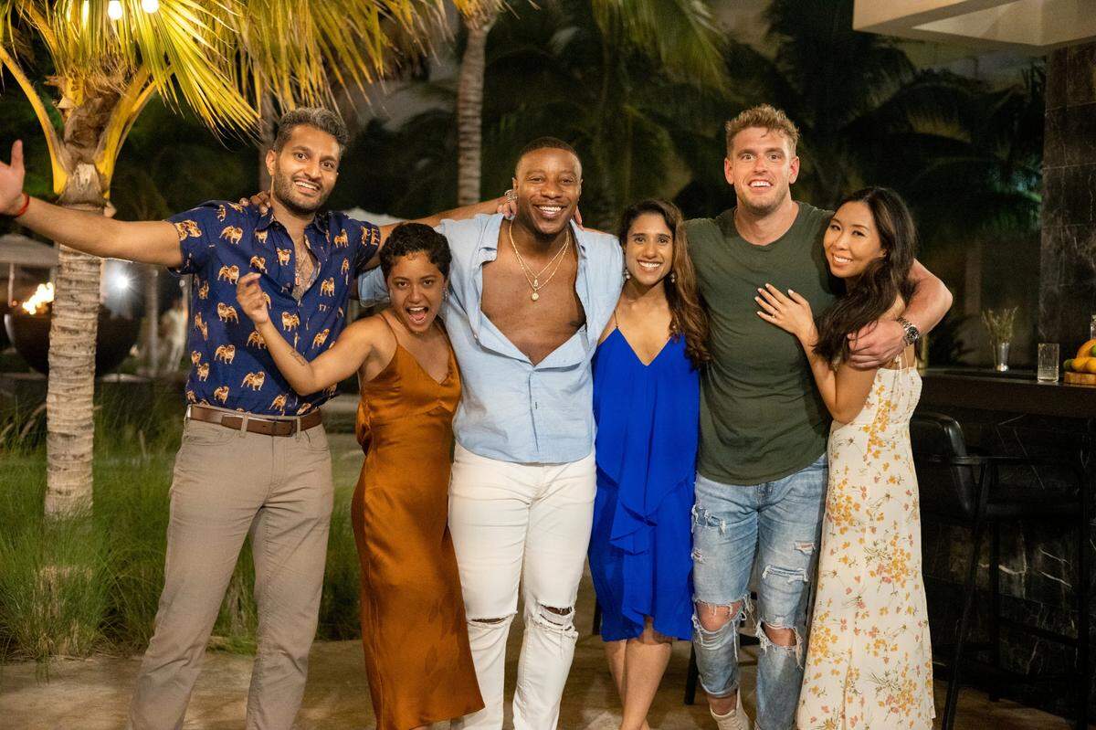 Love Is Blind season 2 cast members: Abhishek Chatterjee, Iyanna McNeely, Jarrette Jones, Deepti Vempati, Shayne Jansen and Natalie Lee.