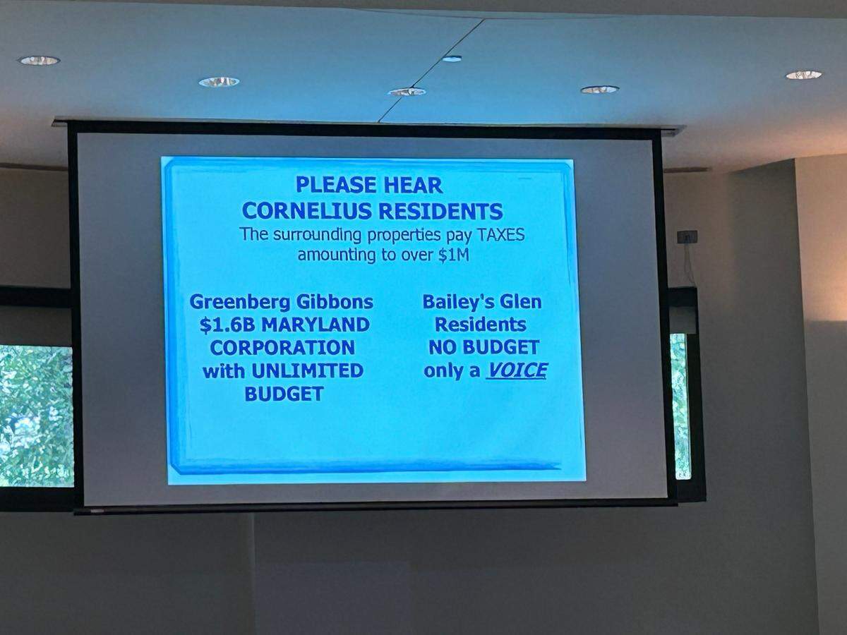Opponents included this message and others in their presentations against the proposed Cornelius Business Park during the Monday, July 17, 2023, meeting of the Cornelius Board of Commissioners.