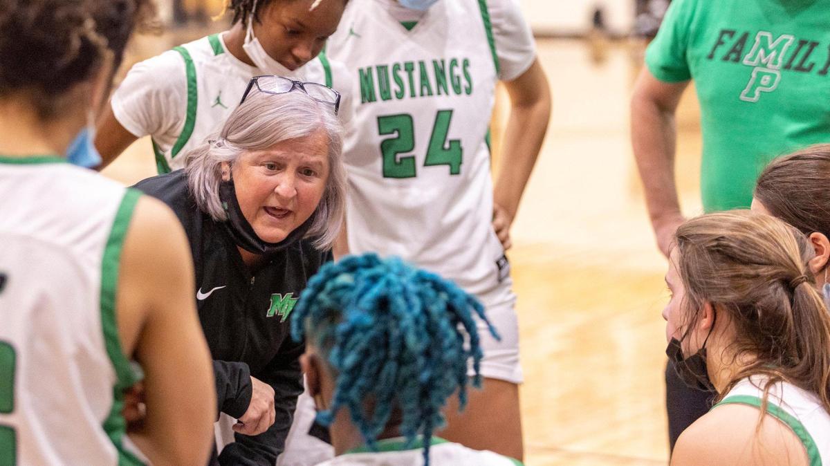Myers Park head coach Barbra Nelson talks with her team during a timeout at the SoMECK conference tournament championship game against South Meck at Harding High School on Friday, February 18, 2022.