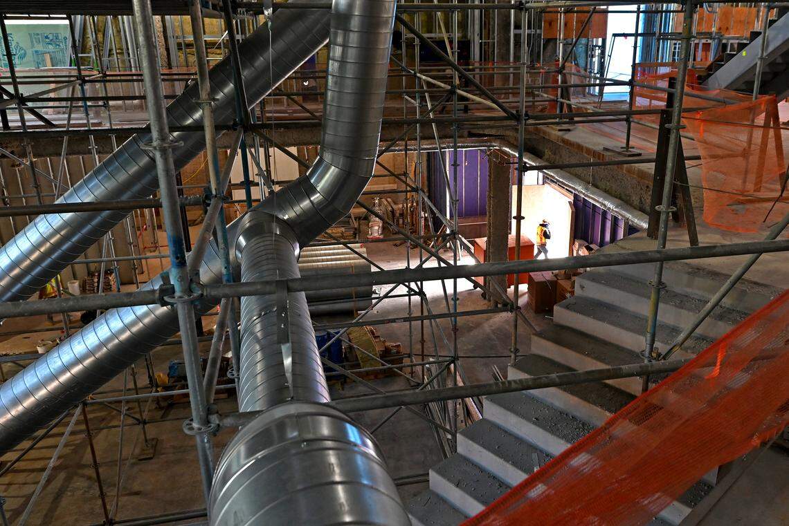 As construction continues, the interior of Charlotte Mecklenburg Library’s new Main Library on North Tryon St. is a maze of scaffolding and materials.