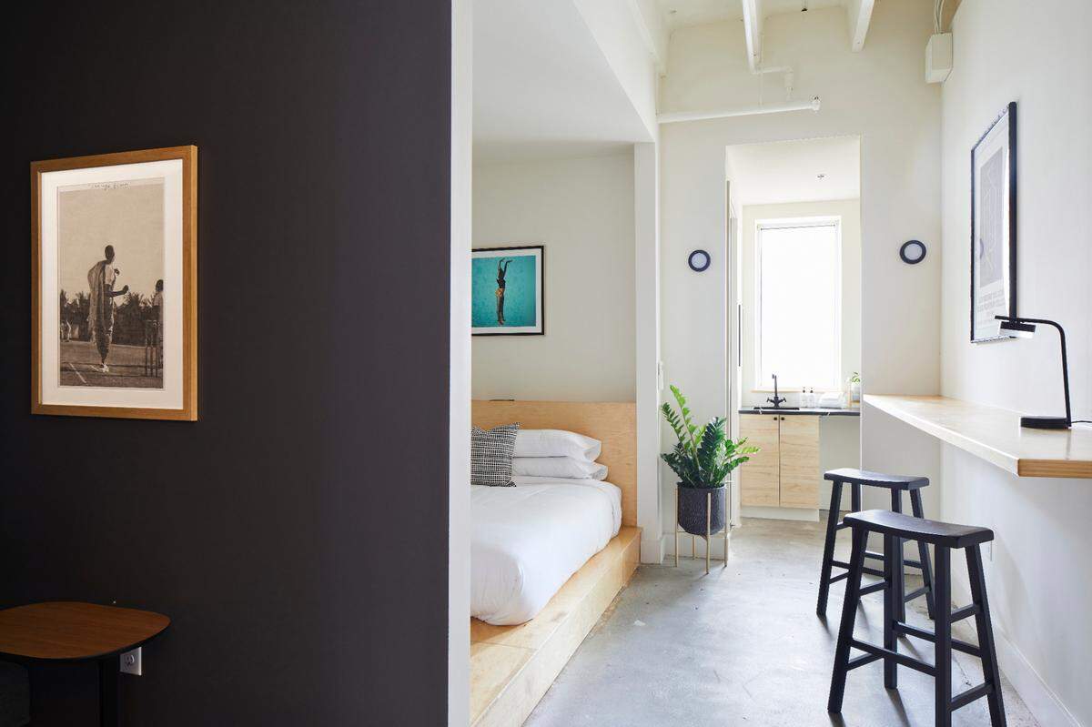 One of the rooms at Hotel Refuge along Central Avenue called “Business Leisure.” The hotel opened in 2021 as a pilot concept ahead of construction of a large-scale hotel.
