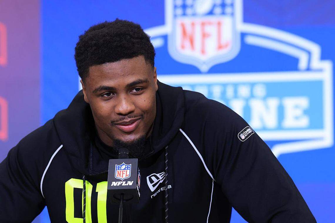 CJ Allen of the Georgia Bulldogs speaks to the media during the NFL Scouting Combine at Lucas Oil Stadium on Feb. 25, 2026, in Indianapolis.