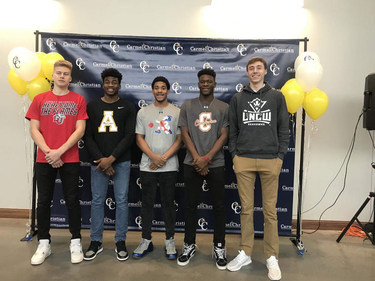 Carmel Christian basketball signees from left: Marten Maide, Donovan Gregory, Myles Pierre, DeAngelo Epps and Jake Boggs. All five players were named to the N.C. Private School All-Star game roster Friday.