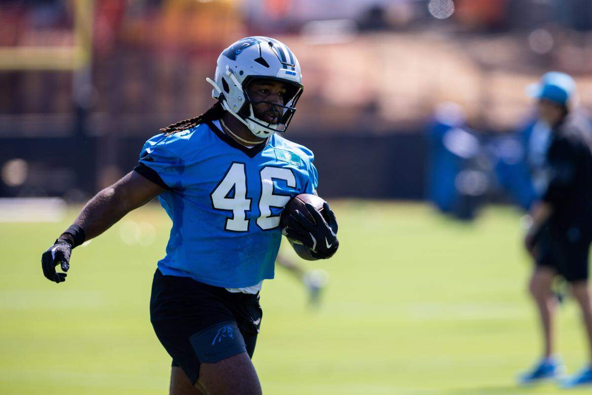 Jul 23, 2025; Charlotte, NC, USA; Carolina Panthers tight end Dominique Dafney (46) runs with the ball during training camp. Mandatory Credit: Scott Kinser-Imagn Images