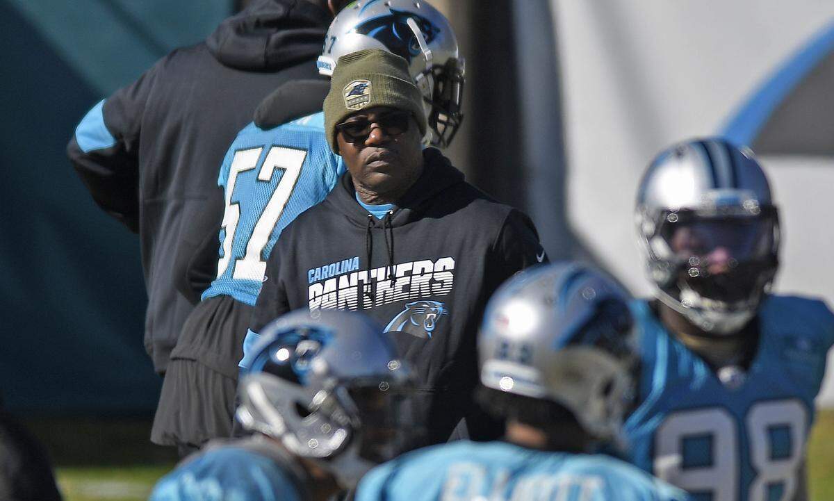 Carolina Panthers interim head coach Perry Fewell watches practice Wednesday in Charlotte. Fewell, formerly the secondary coach, said he made a constant effort to move around between position groups.