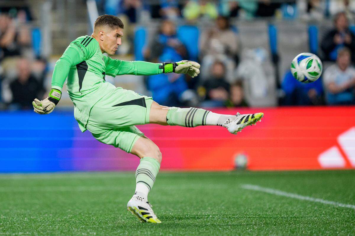 Kristijan Kahlina of Charlotte FC plays against New York City FC during a Nov. 7, 2025 game at Bank of America Stadium.