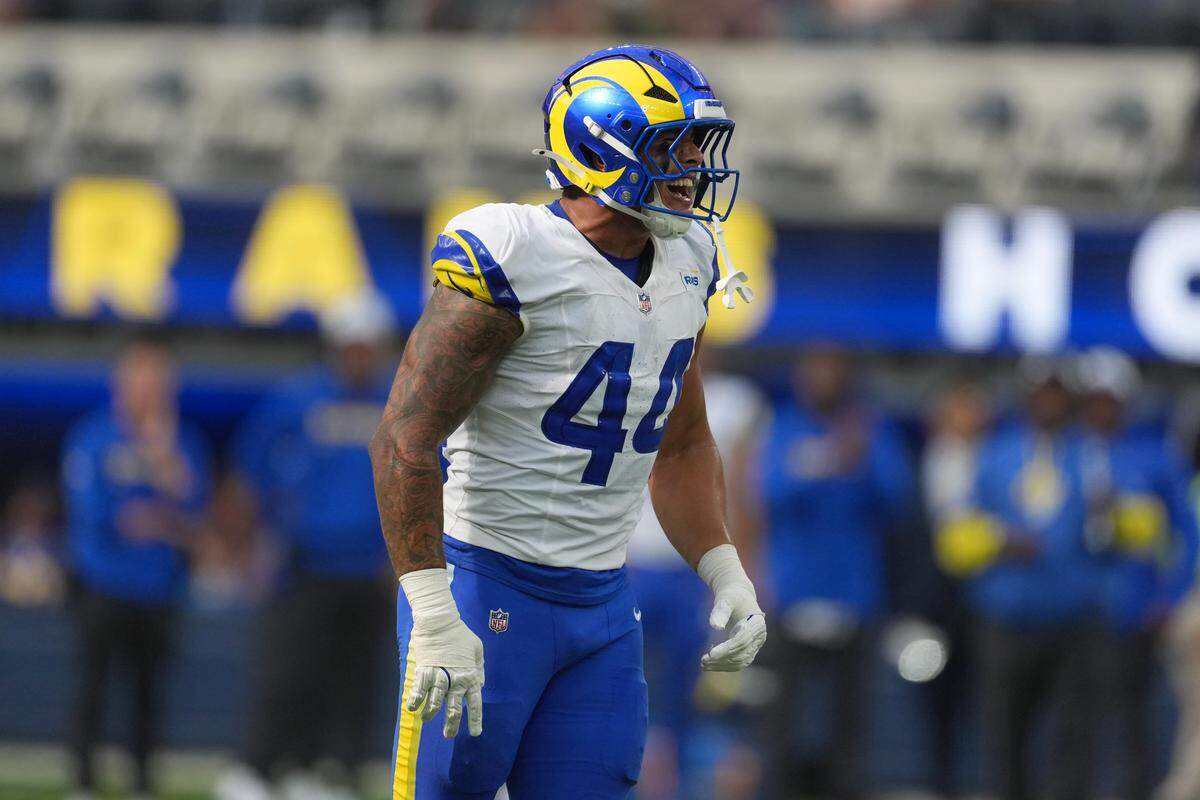 Los Angeles Rams linebacker Brennan Jackson (44) celebrates after a sack against the Los Angeles Chargers at SoFi Stadium on Aug 16.