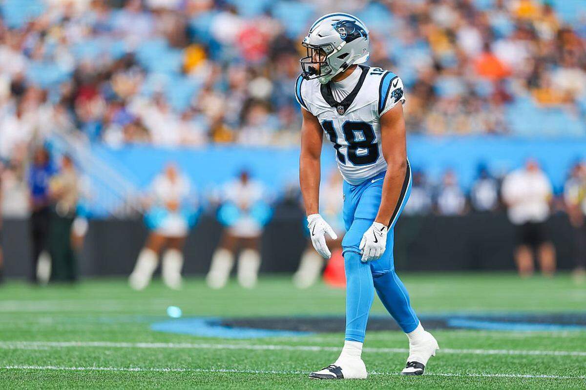 CHARLOTTE, NORTH CAROLINA - AUGUST 21: Jalen Coker #18 of the Carolina Panthers lines up during the first half an NFL Preseason 2025 game against the Pittsburgh Steelers at Bank of America Stadium on August 21, 2025 in Charlotte, North Carolina. (Photo by David Jensen/Getty Images)