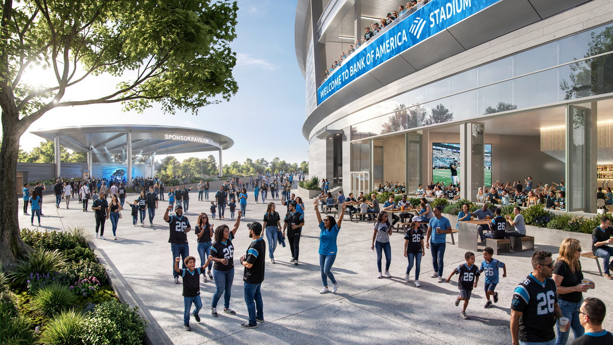 PUBLIC RELEASE SOUTH LAWN.png The South Lawn Pavilion will be reimagined as part of the all-encompassing Bank of America Stadium renovations, which will be complete by 2030, according to Tepper Sports and Entertainment.