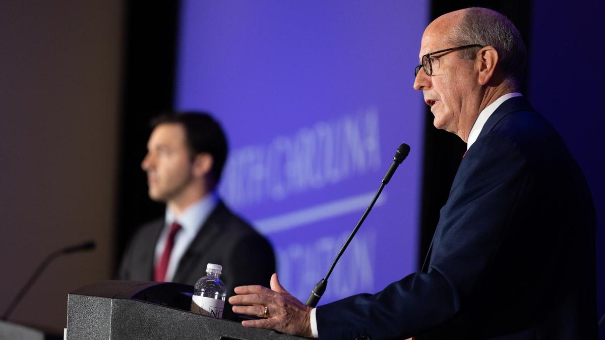 Dan Bishop debates Jeff Jackson in the Attorney General race at the Charlotte Convention Center in Charlotte, N.C., on Friday, June 21, 2024.