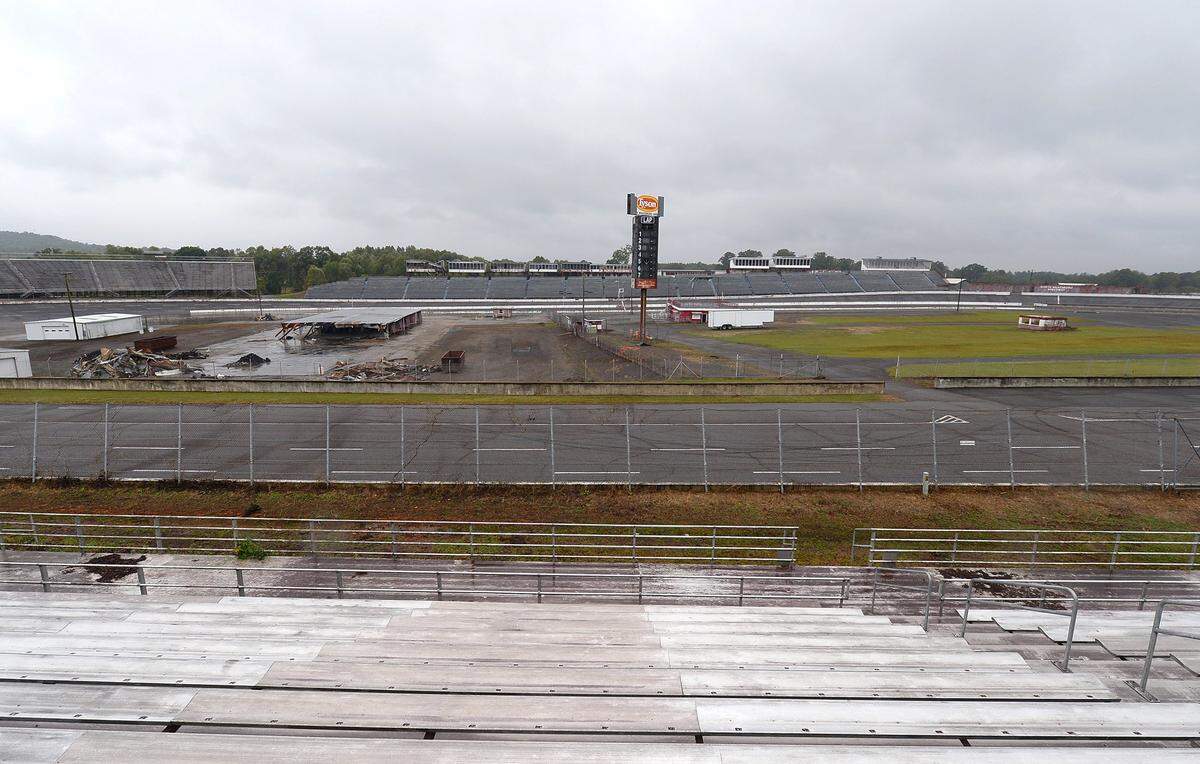 The Junior Johnson Grandstand at North Wilkesboro Speedway provides a panoramic view of the former NASCAR short track in North Wilkesboro, NC on Thursday, October 7, 2021. The track operated from 1949 until 1996.