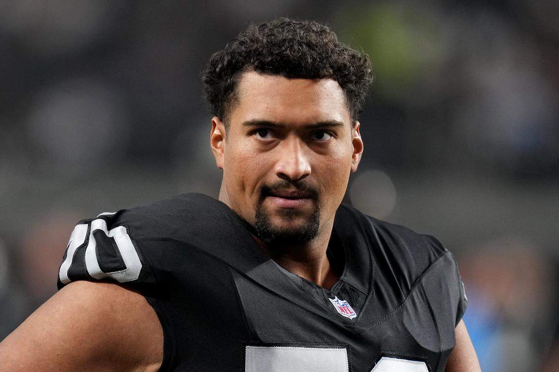 Stone Forsythe, shown here as a member of the Las Vegas Raiders before a 2025 game.