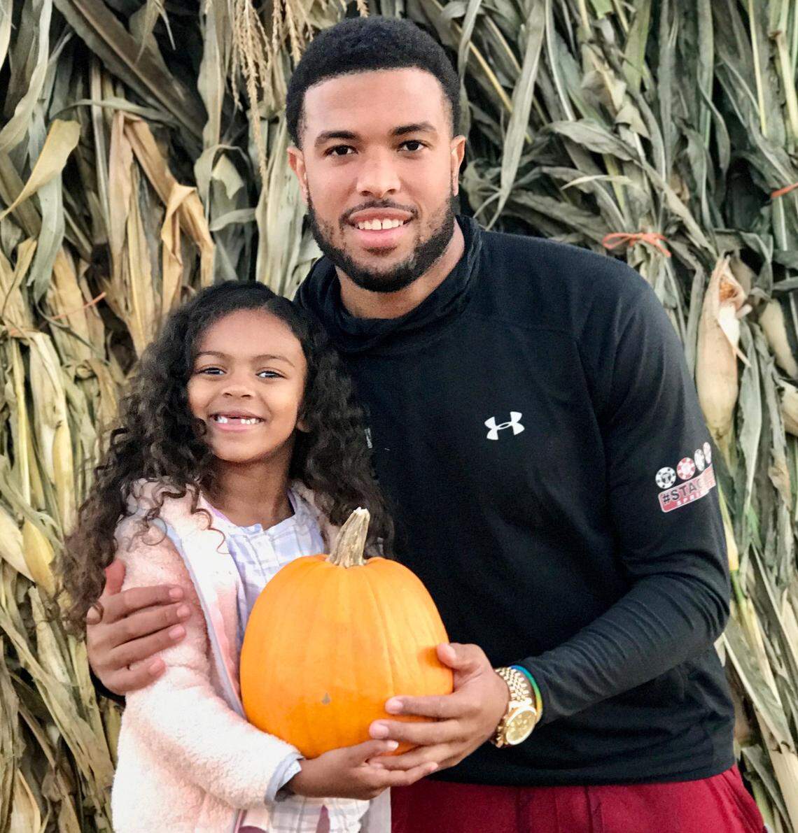 New Carolina Panther Keith Kirkwood visited a pumpkin patch with his daughter, Aria, in 2017. He says meeting Aria made him go “from a young boy to a man.”