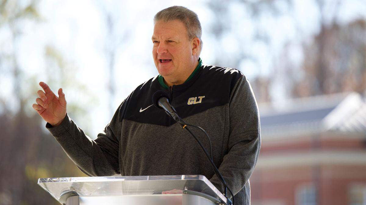 New Charlotte 49ers football HC Biff Poggi speaks during the introduction at Richardson Stadium in Charlotte, Nov. 21, 2022