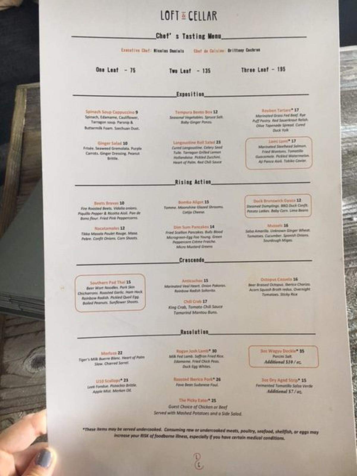 The Loft and Cellar menu.