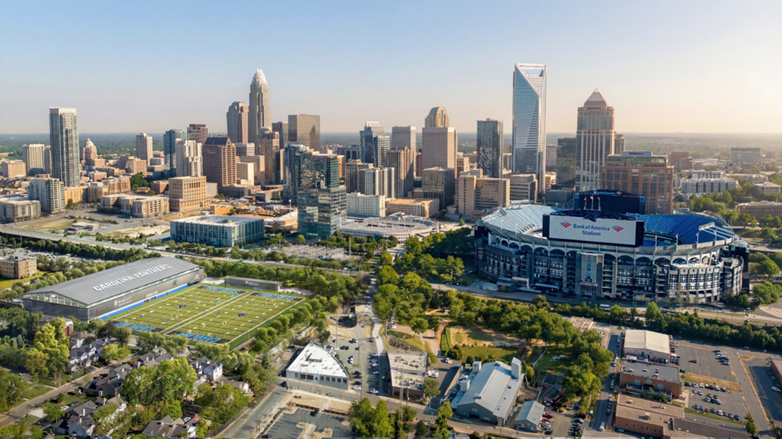 An aerial rendering of how the Panthers’ soon-to-be-built practice complex called the Atrium Health Training Facility will look with the rest of uptown Charlotte.