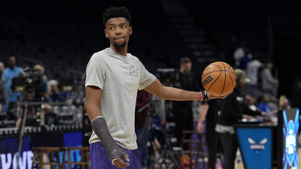 Mar 20, 2025; Charlotte, North Carolina, USA; Charlotte Hornets forward Brandon Miller (24) during pregame warmups against the New York Knicks at Spectrum Center. Mandatory Credit: Jim Dedmon-Imagn Images