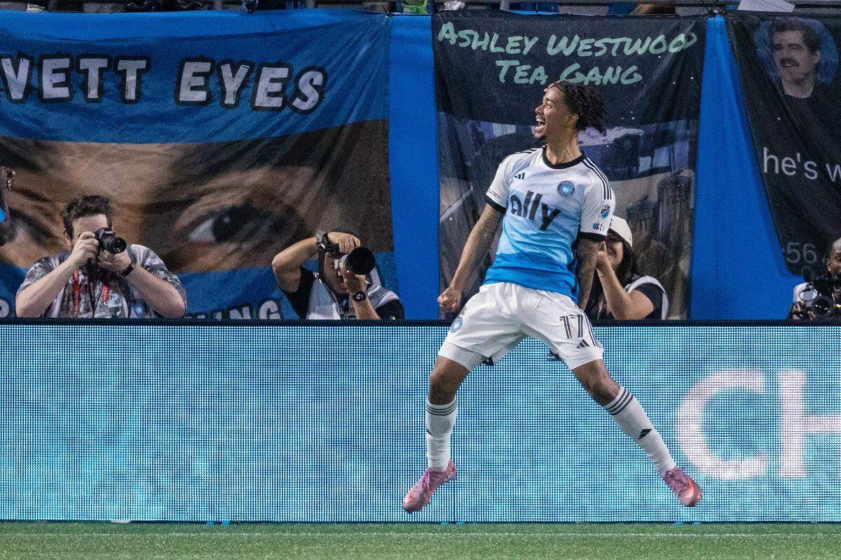 Charlotte FC forward Idan Toklomati (17) celebrates after scoring against Inter Miami during Saturday’s first half at Bank of America Stadium. 